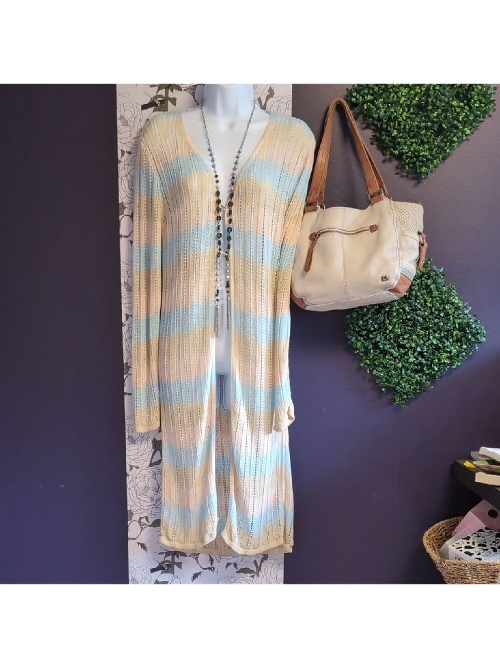 Honey Punch Beige and Light Blue Long Cardigan - Picture 1 of 6